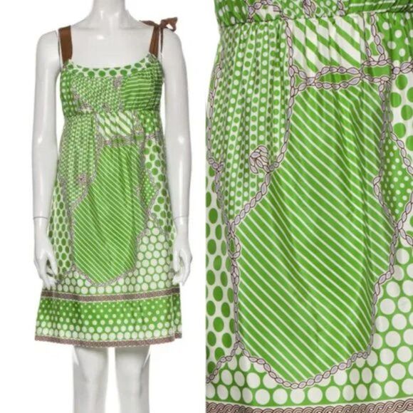 Tibi Designer Silk Mini Dress Polka Dot Striped Green Bow Cottagecore Summer 6 - Picture 1 of 11